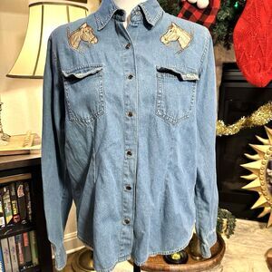 Vintage Adobe Rose Western Denim Button Up Top W/Horse Embroidery Size M Snap